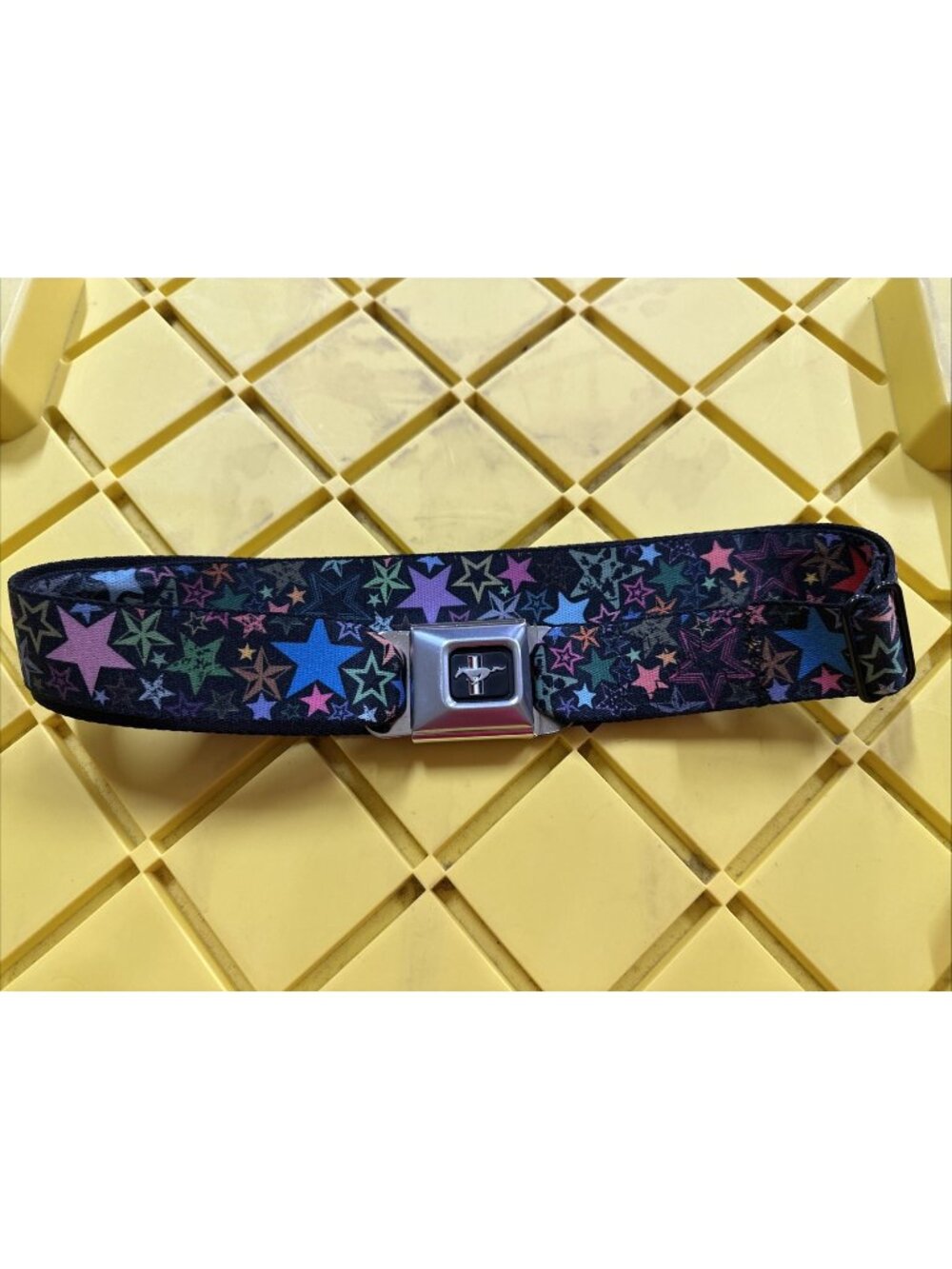 Seatbelt Belt VTG 00s Buckle GM Colorful Stars Adjustable Strap USA Y2K